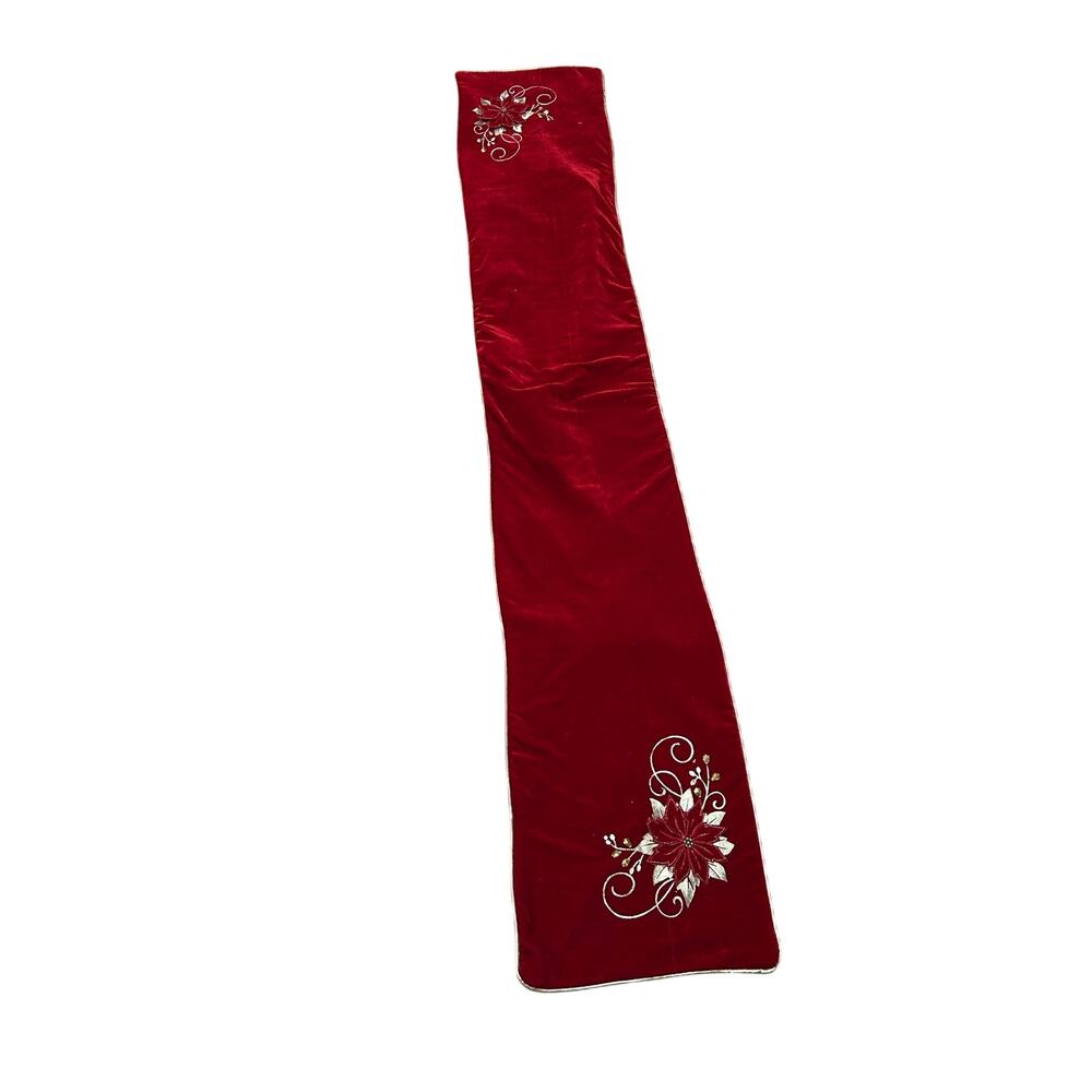 Christmas Red Velvet Table Runner Poinsettia Gold Embroidered Holiday Decor